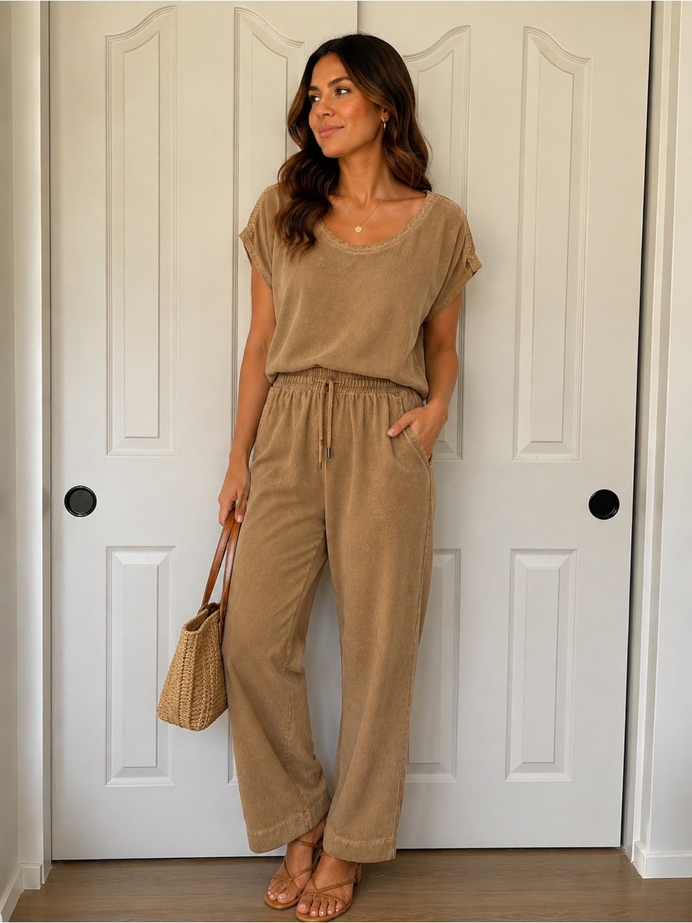 Jane and Delancey Two-Piece Suede-Look Lounge Set in Tan